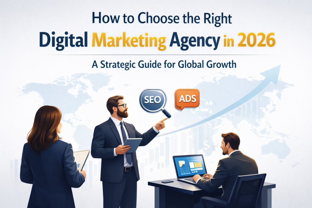 Digital marketing strategy illustration showing SEO, ads, and business growth for choosing the right digital marketing agency in 2026