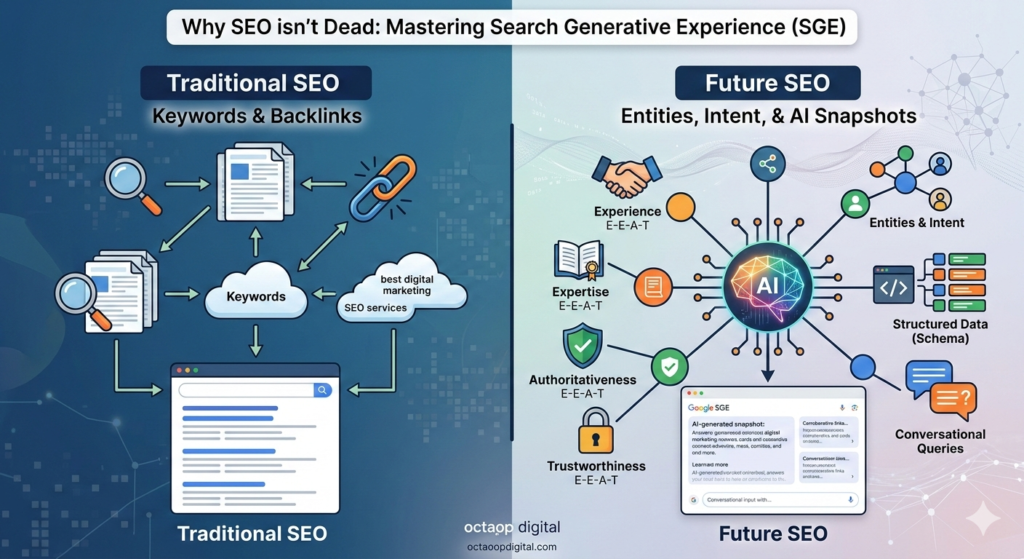Infographic showing the transition from traditional Google Search to AI-powered Search Generative Experience.