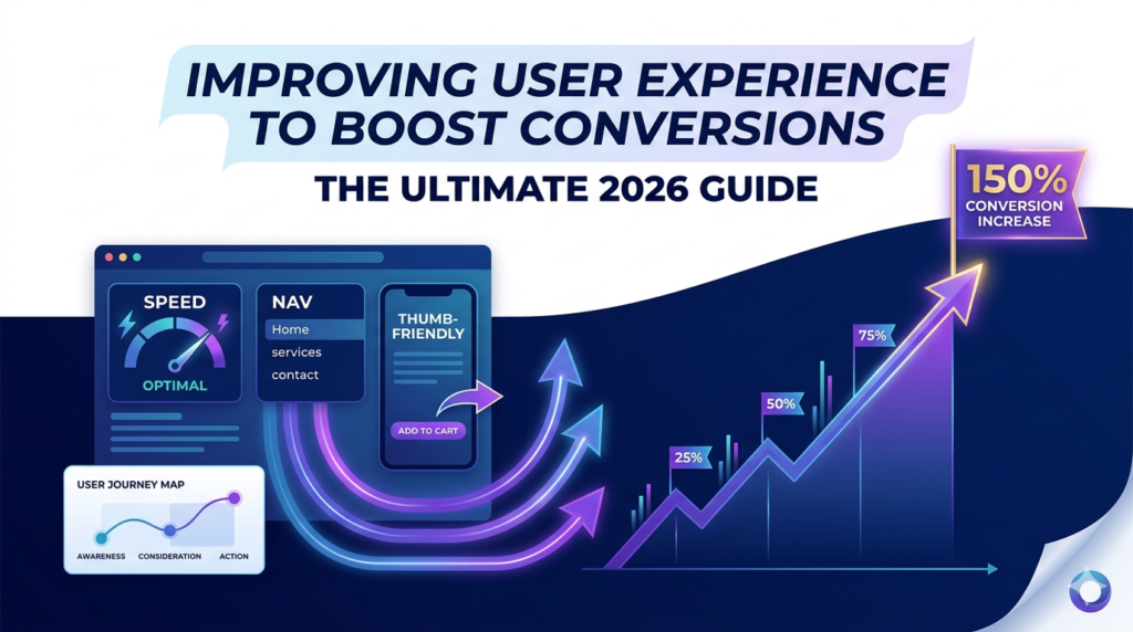 A 2026 UX optimization guide showing a sleek dashboard with "SPEED: OPTIMAL" and a thumb-friendly mobile interface, with purple arrows leading to a large graph showing a 150% conversion increase on Octaoop Digital's branding.
