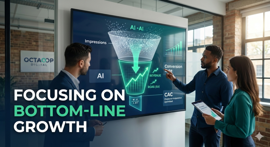 A modern marketing team at Octaoop Digital analyzing a data-driven performance funnel on a large screen, showing the transition from digital impressions to bottom-line revenue and 6x ROAS for growth-stage startups.