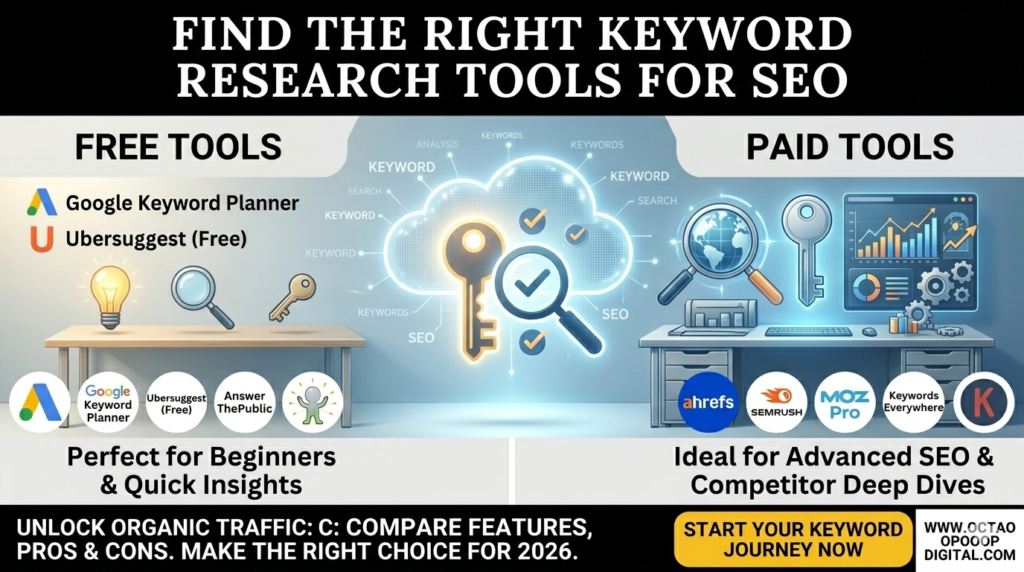 A professional infographic by Octaoop Digital comparing free and paid keyword research tools for SEO in 2026, featuring Google Keyword Planner, Ahrefs, and Semrush.