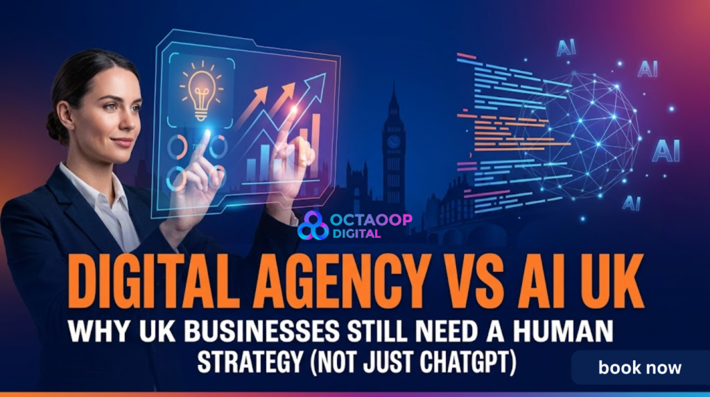 A professional female digital strategist interacting with a futuristic holographic interface showing business growth charts alongside an abstract AI neural network. The background features a dark blue silhouette of the London skyline with Big Ben, representing the UK business market.