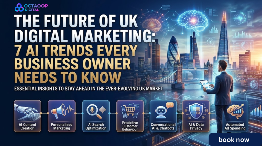 A futuristic digital marketing banner featuring the London skyline at night with AI icons for content creation, search optimization, and automated spending.
