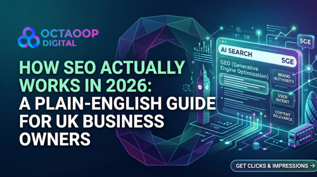 A modern digital banner for a UK SEO guide. Text reads 'HOW SEO ACTUALLY WORKS IN 2026: A PLAIN-ENGLISH GUIDE FOR UK BUSINESS OWNERS'. Visuals include glowing UK landmarks (Big Ben, London bus), a futuristic geometric 'O' shape, and an AI search interface displaying 'GEO (Generative Engine Optimization)' and 'SGE' metrics on a deep blue background.