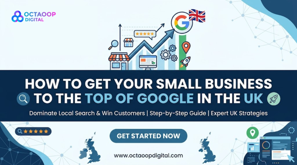 A professional digital marketing banner for 'Octaoop Digital' featuring an infographic and the central heading: 'HOW TO GET YOUR SMALL BUSINESS TO THE TOP OF GOOGLE IN THE UK.' The banner includes illustrations of a storefront, an upward growth graph with a Google 'G' logo, and maps of the UK, all on a modern blue and white tech background.