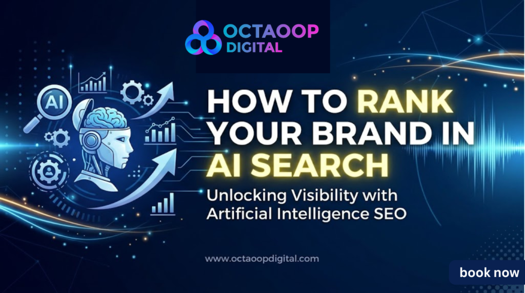 Digital marketing banner featuring a futuristic robot profile and glowing search icons, titled "How to Rank Your Brand in AI Search" for Octaoop Digital.