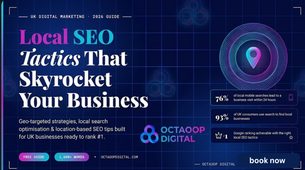 Octaoop Digital banner for 2026 UK Local SEO tactics and GEO strategy roadmap to rank #1 on Google AI Overviews.