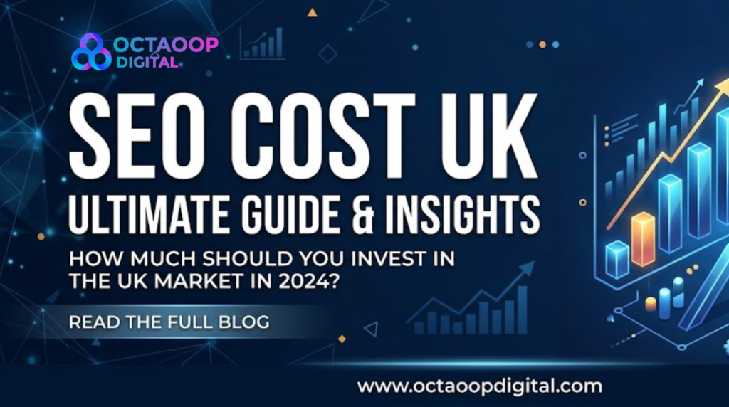Professional digital marketing banner for Octaoop Digital titled SEO Cost UK, featuring 3D data charts, a glowing British Pound symbol, and a magnifying glass on a dark tech background.