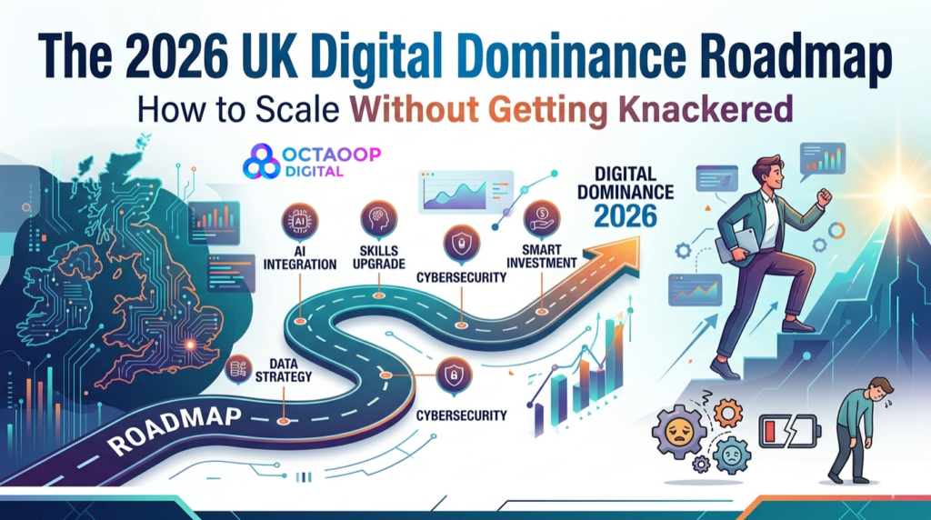 A professional digital banner titled "The 2026 UK Digital Dominance Roadmap: How to Scale Without Getting Knackered." The image features a futuristic winding road labeled "ROADMAP" with milestones for AI Integration, Skills Upgrade, Cybersecurity, and Smart Investment. On the left is a circuit-board map of the UK; on the right, an energetic professional climbs a glowing staircase toward success, contrasting with a small "burnt-out" character below representing the risk of scaling without a strategy.