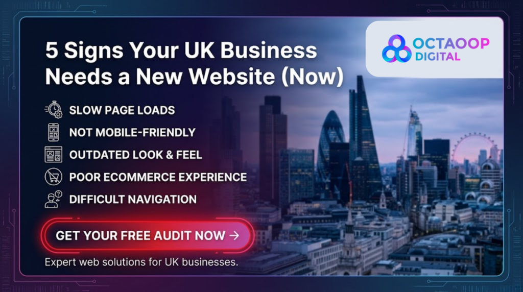 A promotional banner for Octaoop Digital titled "5 Signs Your UK Business Needs a New Website (Now)." It lists five key issues: slow page loads, not mobile-friendly, outdated look and feel, poor ecommerce experience, and difficult navigation, followed by a "Get Your Free Audit Now" call-to-action button, featuring a background of the London skyline.