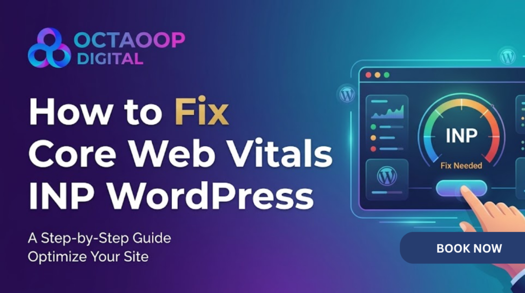 Graphic banner for Octaoop Digital blog post titled How to Fix Core Web Vitals INP WordPress, showing a performance gauge indicating 'Fix Needed' with WordPress icons