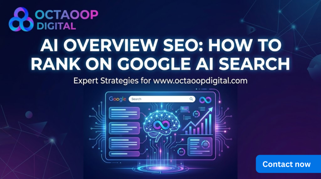 An image representing AI Overview SEO, showing the OCTAOOP DIGITAL logo and a glowing schematic of an AI brain and a search bar with charts.
