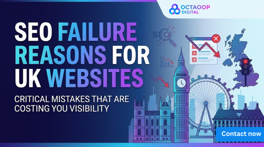 A digital marketing blog banner titled "SEO FAILURE REASONS FOR UK WEBSITES: CRITICAL MISTAKES THAT ARE COSTING YOU VISIBILITY". The design features London landmarks like Big Ben and the London Eye, a map of the UK with a declining traffic graph, and the branding of octaoop-logo-173-x-29-px-2.png integrated into the layout.