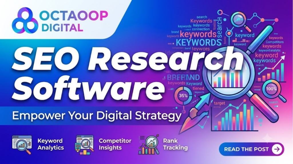 Professional blog banner for Octaoop Digital titled "SEO Research Software: Empower Your Digital Strategy," featuring icons for keyword analytics, competitor insights, and rank tracking, with a "Read the Post" call-to-action button.