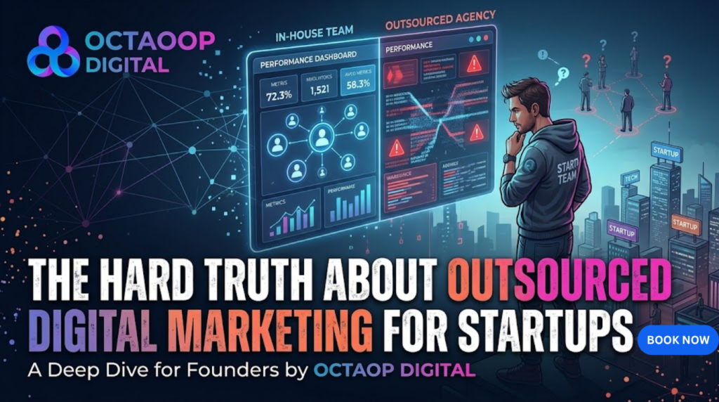 A dynamic blog banner for Octaop Digital titled 'THE HARD TRUTH ABOUT OUTSOURCED DIGITAL MARKETING FOR STARTUPS', illustrating a founder comparing a productive In-House Team performance dashboard against a troubled Outsourced Agency dashboard.