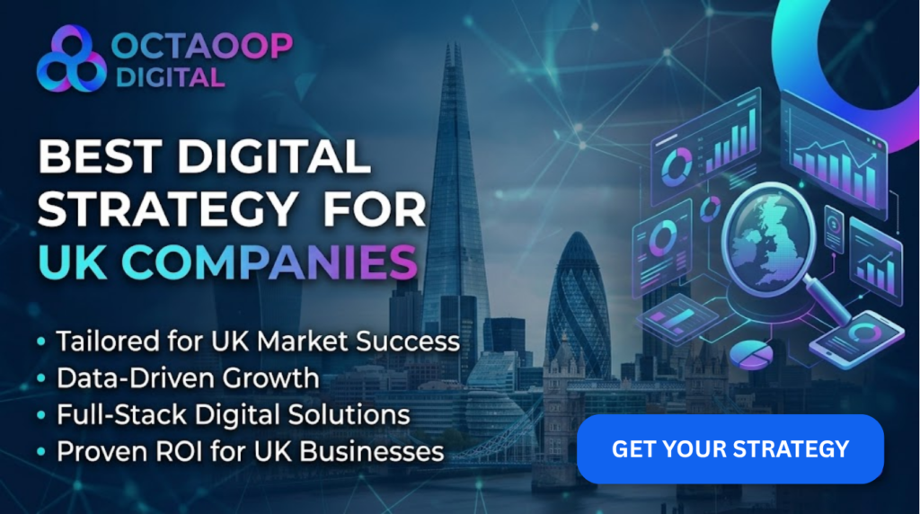 Professional website banner for Octaoop Digital featuring the text 'Best Digital Strategy for UK Companies', showcasing a modern London skyline background with tech graphics and data dashboards in a 1376x768 resolution.