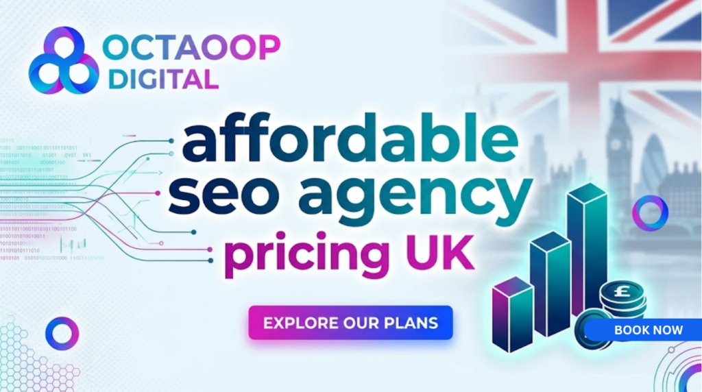 A website blog banner for OCTAOOP DIGITAL titled 'affordable seo agency pricing UK'. The design features the company logo in the top left, a background with the Union Jack and London skyline, and graphics including a rising bar chart with pound sterling coins. A button reads 'EXPLORE OUR PLANS'.