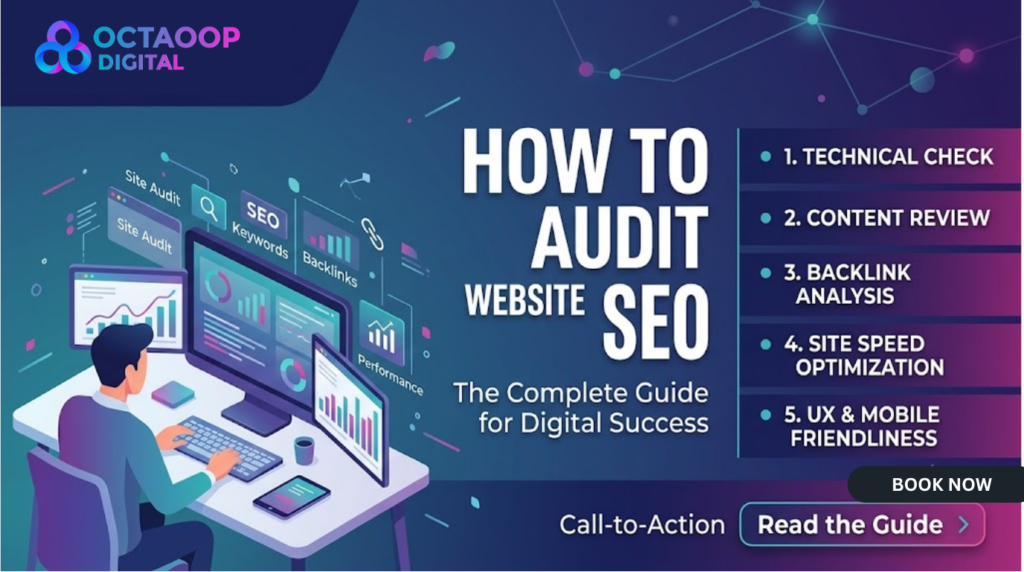 A complete guide to conducting a website SEO audit, featuring a checklist of five key steps: Technical Check, Content Review, Backlink Analysis, Site Speed Optimization, and UX & Mobile Friendliness. The guide features a modern digital design with a call-to-action button to "Read the Guide."