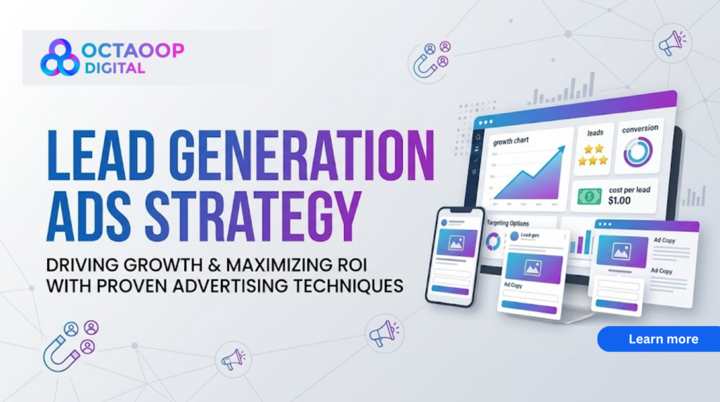 A modern digital marketing blog banner titled 'Lead Generation Ads Strategy', featuring the Octaoop logo, a growth chart dashboard, a mobile phone, ad copy mockups, and illustrative icons for magnets, people, and megaphones.