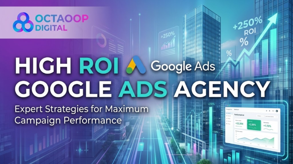 A digital marketing blog banner featuring the 'OCTAOOP Digital' logo, a large title reading 'HIGH ROI GOOGLE ADS AGENCY,' and a subtext about 'Expert Strategies.' The background is a futuristic cityscape with data visualizations.