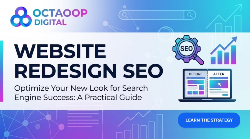 A modern digital marketing banner for 'OCTAOOP DIGITAL' titled 'WEBSITE REDESIGN SEO'. The banner features a gradient background, icons of a gear with a magnifying glass, a growth chart, and a laptop displaying 'Before' and 'After' website layouts.