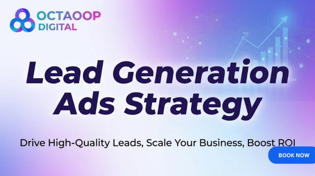 OCTAOOP DIGITAL blog banner for Lead Generation Ads Strategy with a purple-to-blue gradient background, stylized map, and growth charts.