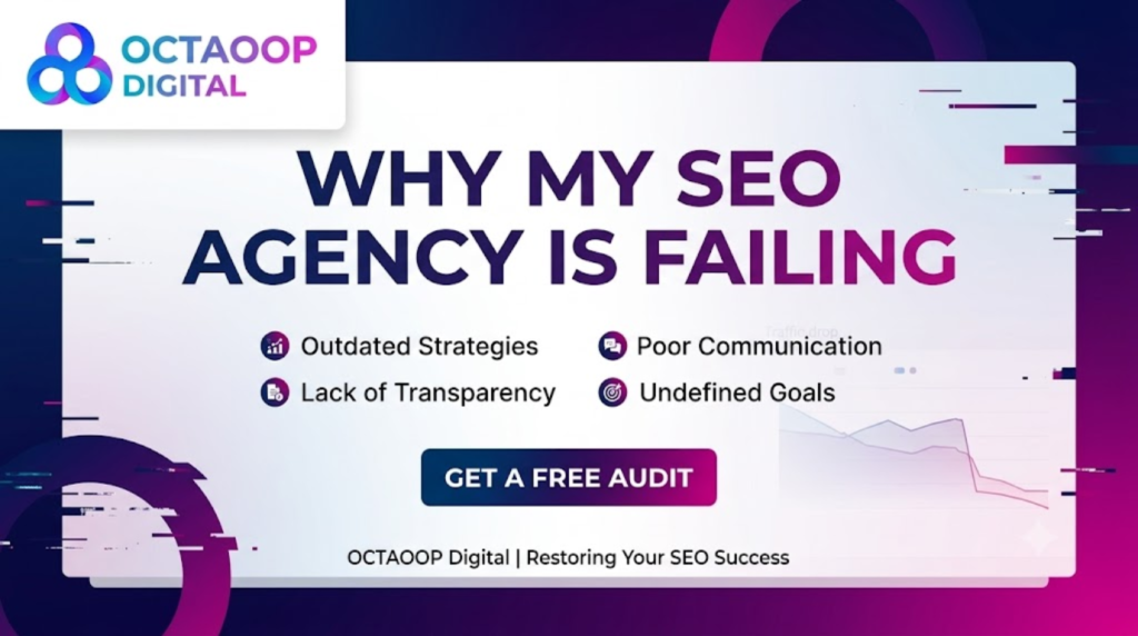 A digital banner with a professional, dark blue and purple gradient aesthetic. In the top left corner, the "OCTAOOP Digital" logo is prominent. The main headline is large, purple, and reads, "WHY MY SEO AGENCY IS FAILING." Below the headline, there is a list of four points with small icons: "Outdated Strategies," "Poor Communication," "Lack of Transparency," and "Undefined Goals." To the right, a downward-trending line graph visualizes data failure. At the bottom center, a purple button says "GET A FREE AUDIT." The very bottom text reads, "OCTAOOP Digital | Restoring Your SEO Success."