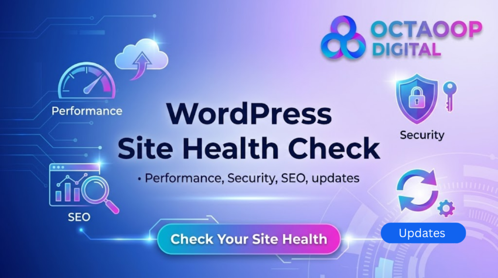 A digital marketing banner for a WordPress Site Health Check service by OCTAOOP Digital, featuring icons for Performance, Security, SEO, and Updates on a glowing blue and purple technical background with a "Check Your Site Health" button.
