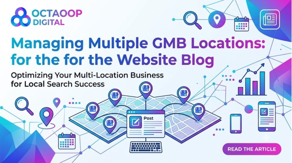 OCTAOOP Digital blog banner featuring the guide 'Managing Multiple GMB Locations' with digital marketing icons, map pins, and analytics graphics.