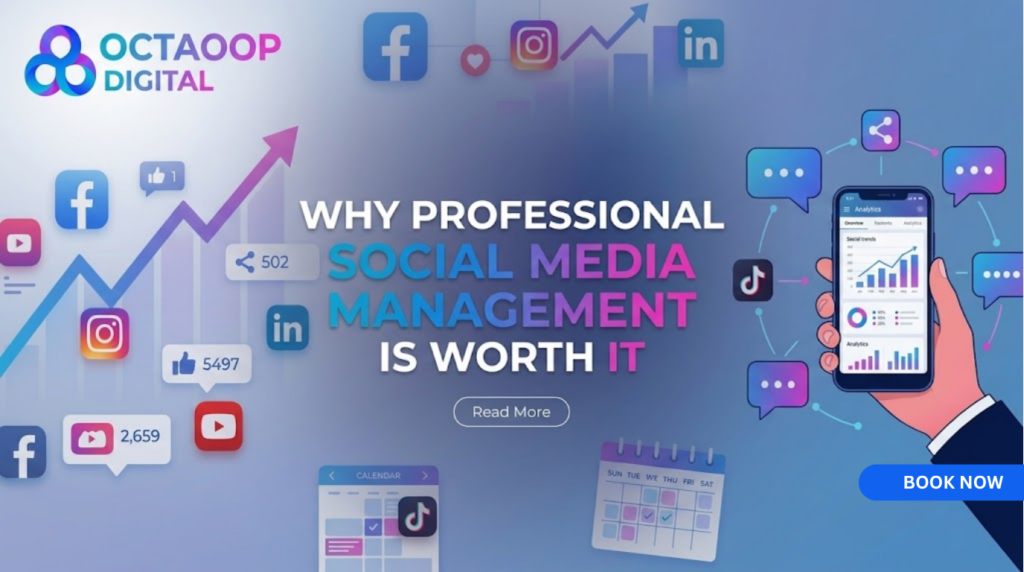 A professional social media management banner featuring the Octaoop Digital logo and a collage of social media analytics. The banner includes a rising growth arrow, platform icons (Facebook, Instagram, LinkedIn, YouTube, TikTok), a calendar widget, and a hand holding a smartphone displaying an analytics dashboard. The central text reads, 'Why Professional Social Media Management is Worth It.'
