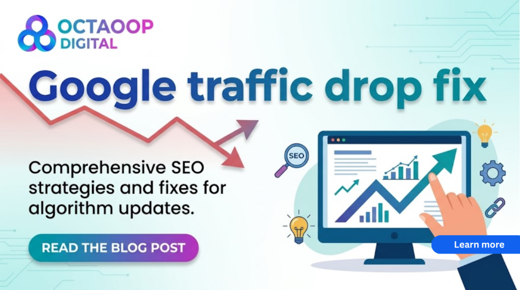 A professional banner with the text "Google traffic drop fix" and the "OCTAOOP DIGITAL" logo. It features graphs, arrows, a computer with SEO analytics, and icons representing a blog post about SEO strategies and algorithm updates.