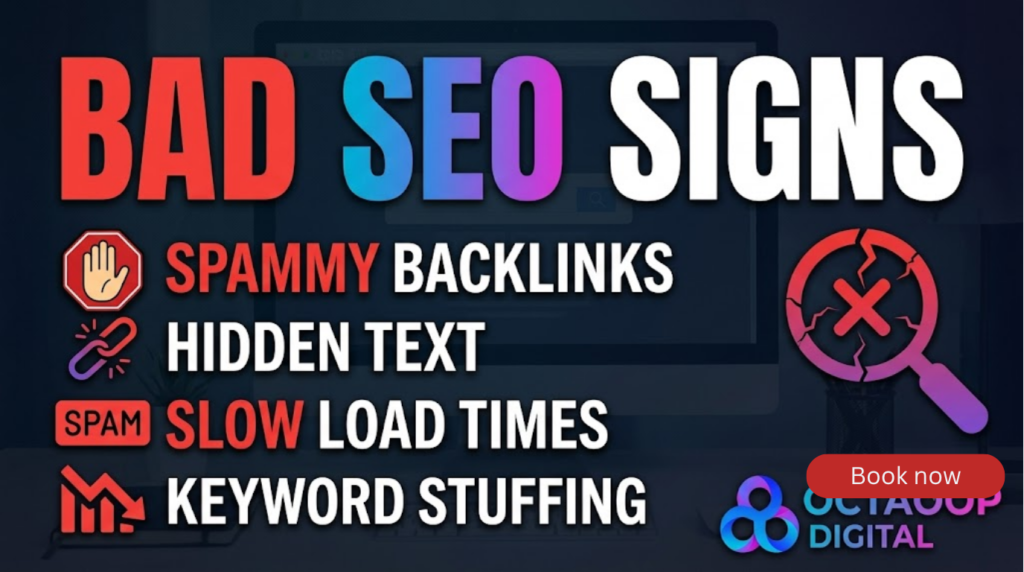 BAD SEO SIGNS" with common SEO mistakes listed over a dark background and the OCTAOOP DIGITAL logo in the bottom right.