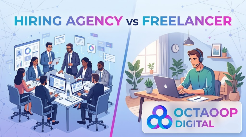 A split illustration comparing "HIRING AGENCY vs FREELANCER". The left side features a team of professional corporate employees collaborating in a modern office with charts. The right side shows a solo freelancer working from a comfortable home office with plants. The background uses a light blue network wireframe pattern.