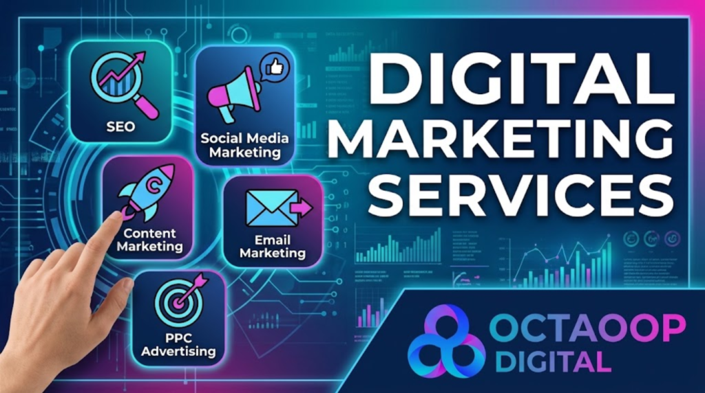 Digital Marketing Services infographic by Octaoop Digital, featuring icons for SEO, Social Media Marketing, Content Marketing, Email Marketing, and PPC Advertising with a professional data dashboard background.