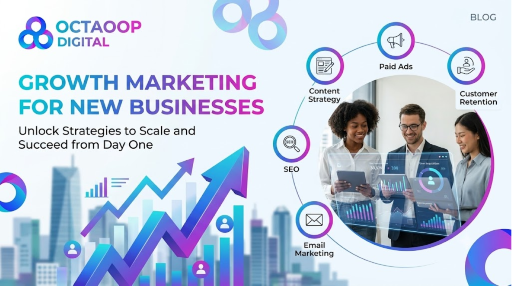 An illustrative blog banner for OCTAOOP Digital featuring a professional team reviewing data analytics, an upward-trending 3D growth arrow, and five circles highlighting key strategies: Paid Ads, Customer Retention, Email Marketing, SEO, and Content Strategy.