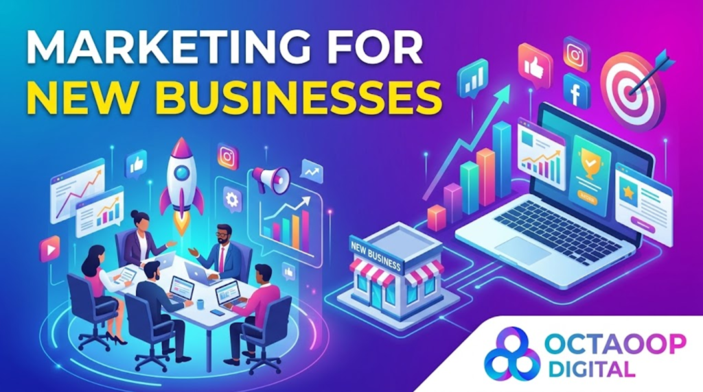 An isometric illustration with a diverse business team collaborating on one side and a laptop connected to a storefront on the other. Digital marketing icons like rockets, charts, and social media symbols float around. Text at the top reads, 'MARKETING FOR NEW BUSINESSES.' The 'OCTAOOP DIGITAL' logo is in the bottom right corner.