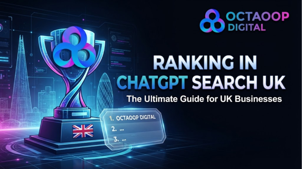 A futuristic digital banner set against a glowing wireframe London skyline, featuring a central trophy with the OCTAOOP DIGITAL logo and a Union Jack. Bold text reads "RANKING IN CHATGPT SEARCH UK" and "The Ultimate Guide for UK Businesses," with a holographic search result list showing "OCTAOOP DIGITAL" at the number one position.
