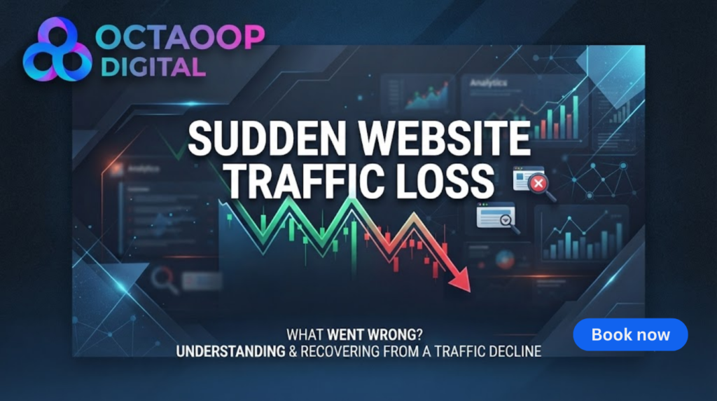 A digital marketing banner on a dark blue background with abstract geometric lines. At the top left is the "OCTAOOP DIGITAL" logo with a multi-color geometric ring symbol. Centered in large white and light blue text is the title: "SUDDEN WEBSITE TRAFFIC LOSS". Below the text is a large line graph that crashes downwards, turning from green to red, with a prominent red arrow pointing down. To the right are smaller digital screens displaying analytics charts and a magnifying glass icon over a web page with a red "X". At the bottom, smaller text reads: "WHAT WENT WRONG? UNDERSTANDING & RECOVERING FROM A TRAFFIC DECLINE".
