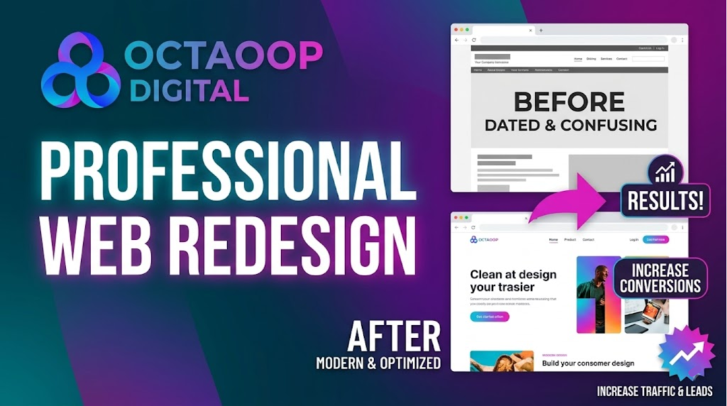 A before-and-after comparison showing a website redesign by Octaoop Digital, transforming a "dated and confusing" site into a "modern and optimized" one to increase conversions, traffic, and leads.