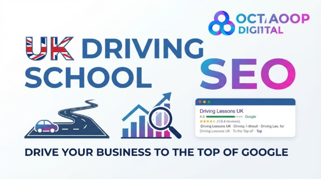 A digital marketing graphic titled 'UK Driving School SEO' featuring a road, car, magnifying glass over a chart, and a Google search result for 'Driving Lessons UK' with a 5-star rating, all under the 'OCTAOOP DIGITAL' brand.