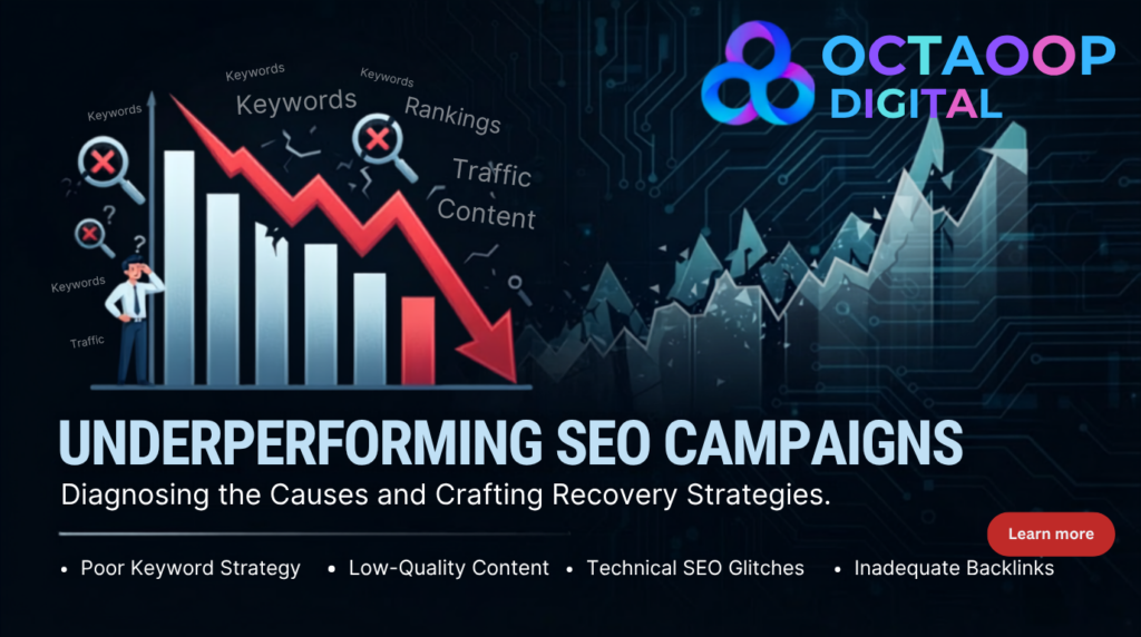 A professional 1376x768 website blog banner for Octaoop Digital titled "Underperforming SEO Campaigns," featuring a decreasing red trend graph, analytical data metrics, search icons, and the company logo in the top right corner.