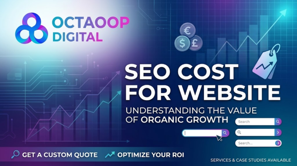 Website banner for Octaoop Digital explaining 'SEO Cost for Website'. The graphic features data charts, currency symbols, and search bar UI, with text: 'Understanding the value of organic growth' and call-to-actions to 'Get a custom quote' and 'Optimize your ROI'.