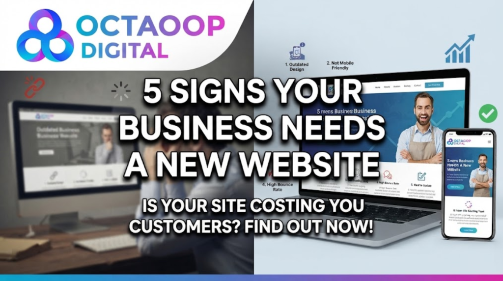 A digital marketing banner for "Octaoop Digital" titled "5 SIGNS YOUR BUSINESS NEEDS A NEW WEBSITE" featuring a split-screen comparison of an outdated desktop site and a modern, responsive laptop and mobile site.