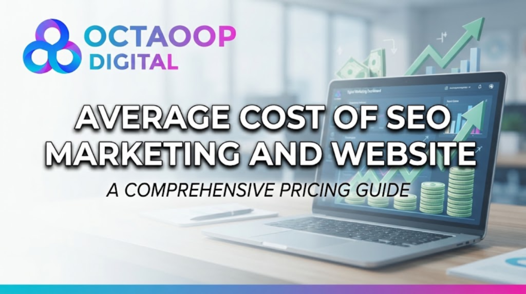 A promotional banner for "Octaoop Digital" featuring a laptop on a desk displaying a marketing dashboard with charts and graphs, overlaid with stacks of money and large green upward-trending arrows. Large white text across the center reads: "AVERAGE COST OF SEO MARKETING AND WEBSITE - A COMPREHENSIVE PRICING GUIDE". The Octaoop Digital logo is in the top-left corner.