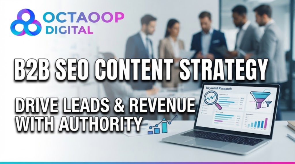 A professional digital marketing banner for "Octaoop Digital" featuring a laptop on a desk displaying "Keyword Research" and "Funnel" analytics, with a blurred background of a business team. Large white text reads: "B2B SEO CONTENT STRATEGY - DRIVE LEADS & REVENUE WITH AUTHORITY".