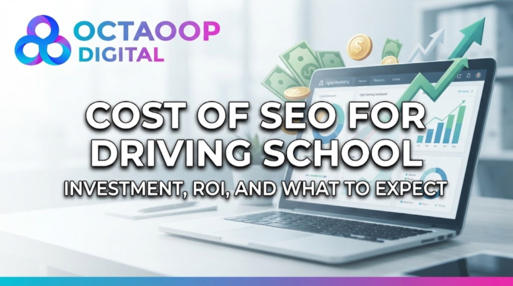 OCTAOOP DIGITAL banner featuring a laptop with a data dashboard, stacks of money, and upward-trending arrows, with large white text that reads: 'COST OF SEO FOR DRIVING SCHOOL - INVESTMENT, ROI, AND WHAT TO EXPECT'.