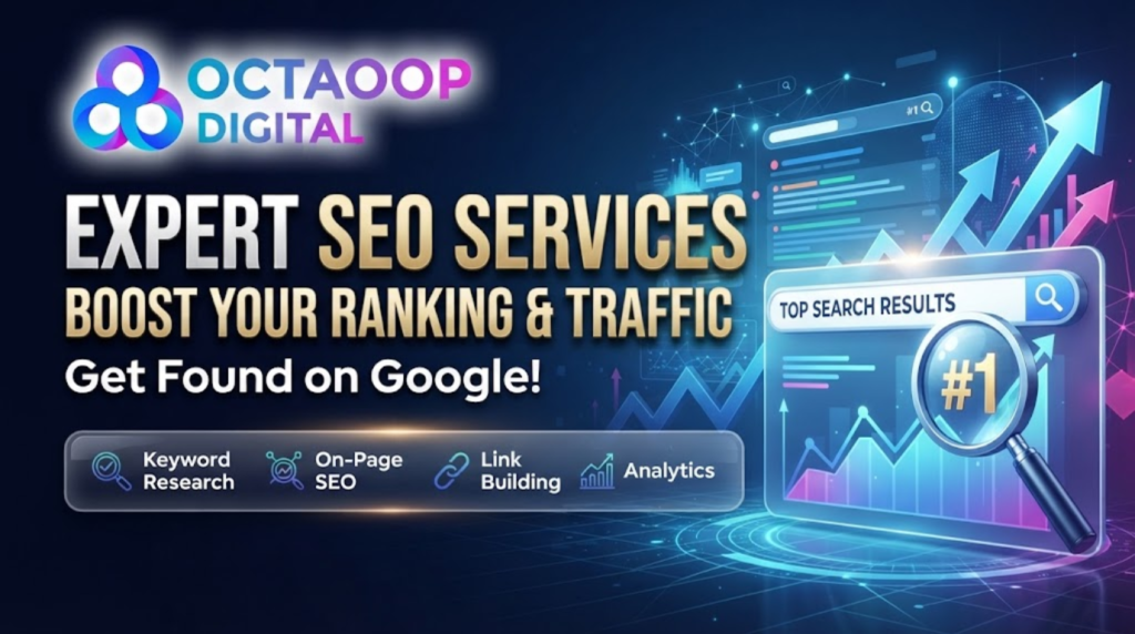 Digital thumbnail graphic titled "EXPERT SEO SERVICES" featuring a magnifying glass over a chart showing "#1" in Google search results, with the "Octaoop Digital" logo in the top-left and a service list below.