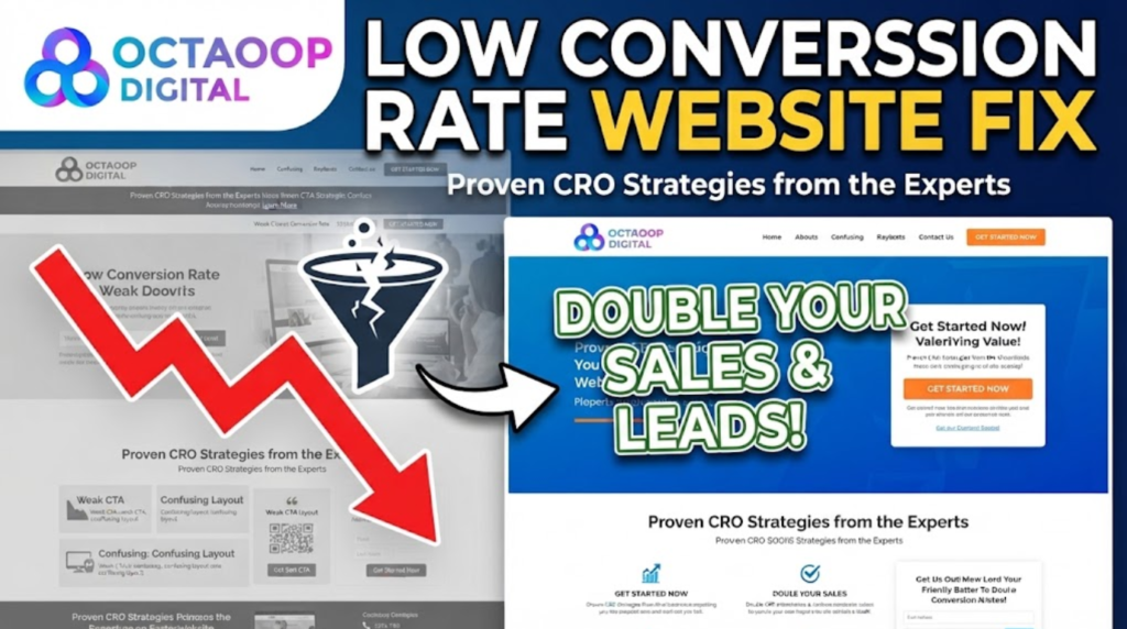 thumbnail split into a dark "before" side on the left and a bright "after" side on the right. The "before" side shows a faded website with a red downward trend arrow and a broken funnel. The "after" side shows a vibrant website with a green upward arrow, a fixed funnel, and bold white and green text that reads "DOUBLE YOUR SALES & LEADS!" A large yellow header at the top reads "LOW CONVERSION RATE WEBSITE FIX." The Octaoop Digital logo is in the top left.