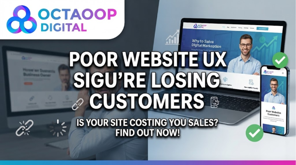 A digital marketing blog thumbnail for "Octaoop Digital" titled "POOR WEBSITE UX - ARE YOU LOSING CUSTOMERS?". The image contrasts a frustrated user struggling with a poorly designed, clunky desktop interface on the left against a clean, modern, and user-friendly mobile and laptop layout on the right.