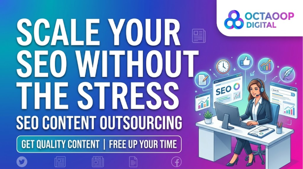 A dynamic website blog banner for OCTAOOP DIGITAL featuring large white text on a blue to purple gradient background reading 'SCALE YOUR SEO WITHOUT THE STRESS' and 'SEO CONTENT OUTSOURCING'. On the right, a confident businesswoman with a headset works at a desk, surrounded by glowing icons for efficiency and productivity. A button reads 'GET QUALITY CONTENT | FREE UP YOUR TIME'. The brand logo and social icons are present.